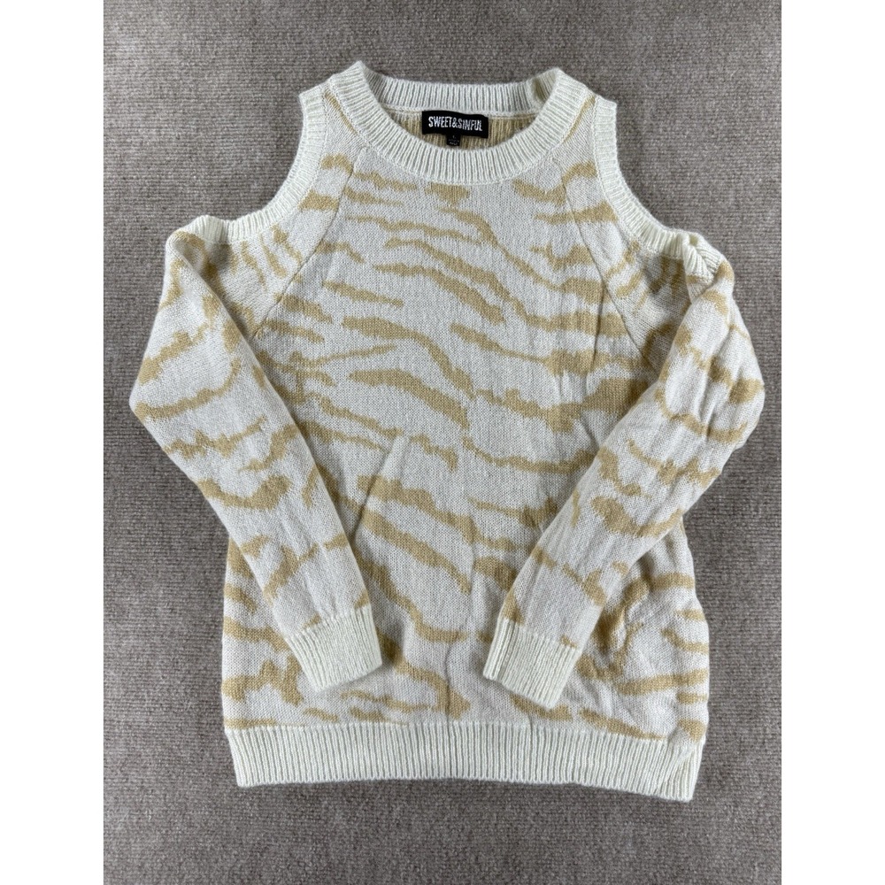 Sweet & Sinful Women's L Cold Shoulder Sweater Beige Tan Animal Print Acrylic